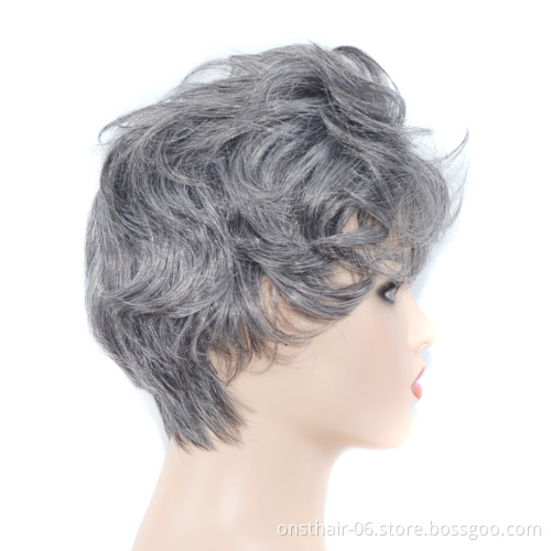 Onst Women lolita Cosplay Wig Hair Puffy Bangs Grey Ombre Synthetic Short Pixie Layered Curly Heat Resistant For Men White